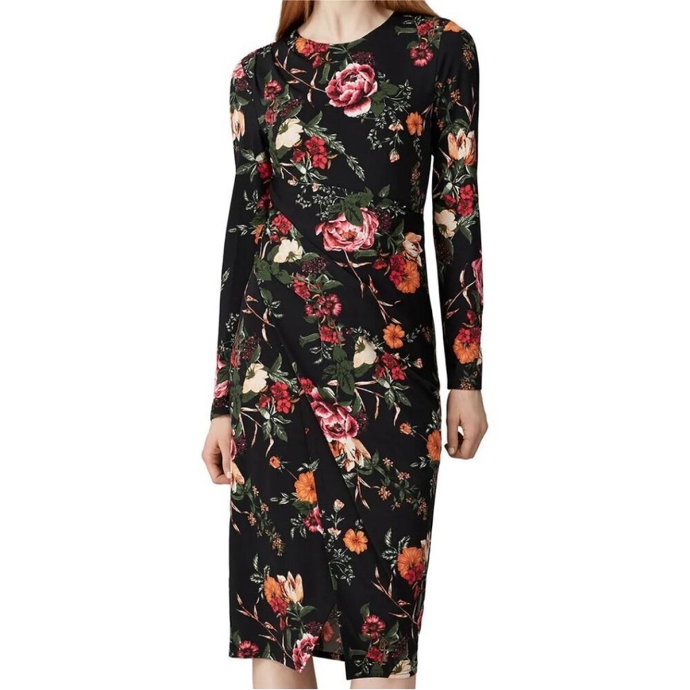 Rachel Roy Dress - Women's Medium Black - Floral Long Sleeved Midi Draping